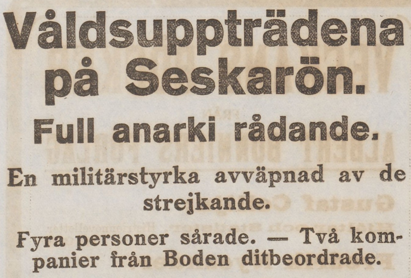 Tidningsklipp med texten: Våldsuppträdena på Seskarö. 