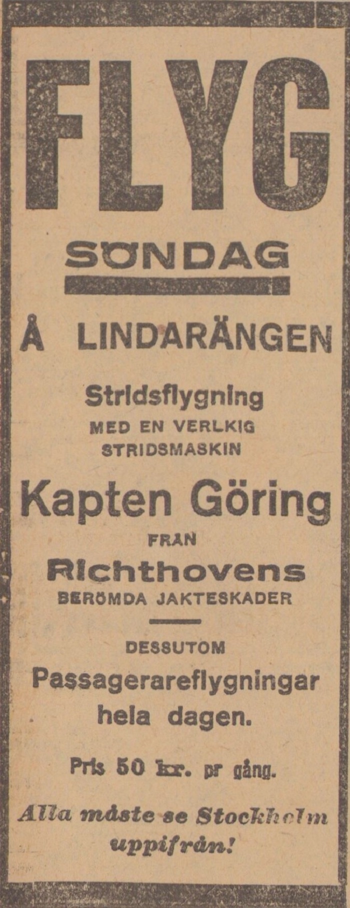 Tidningsklipp med texten: Kapten Göring från Richthovens berömda jakteskader.