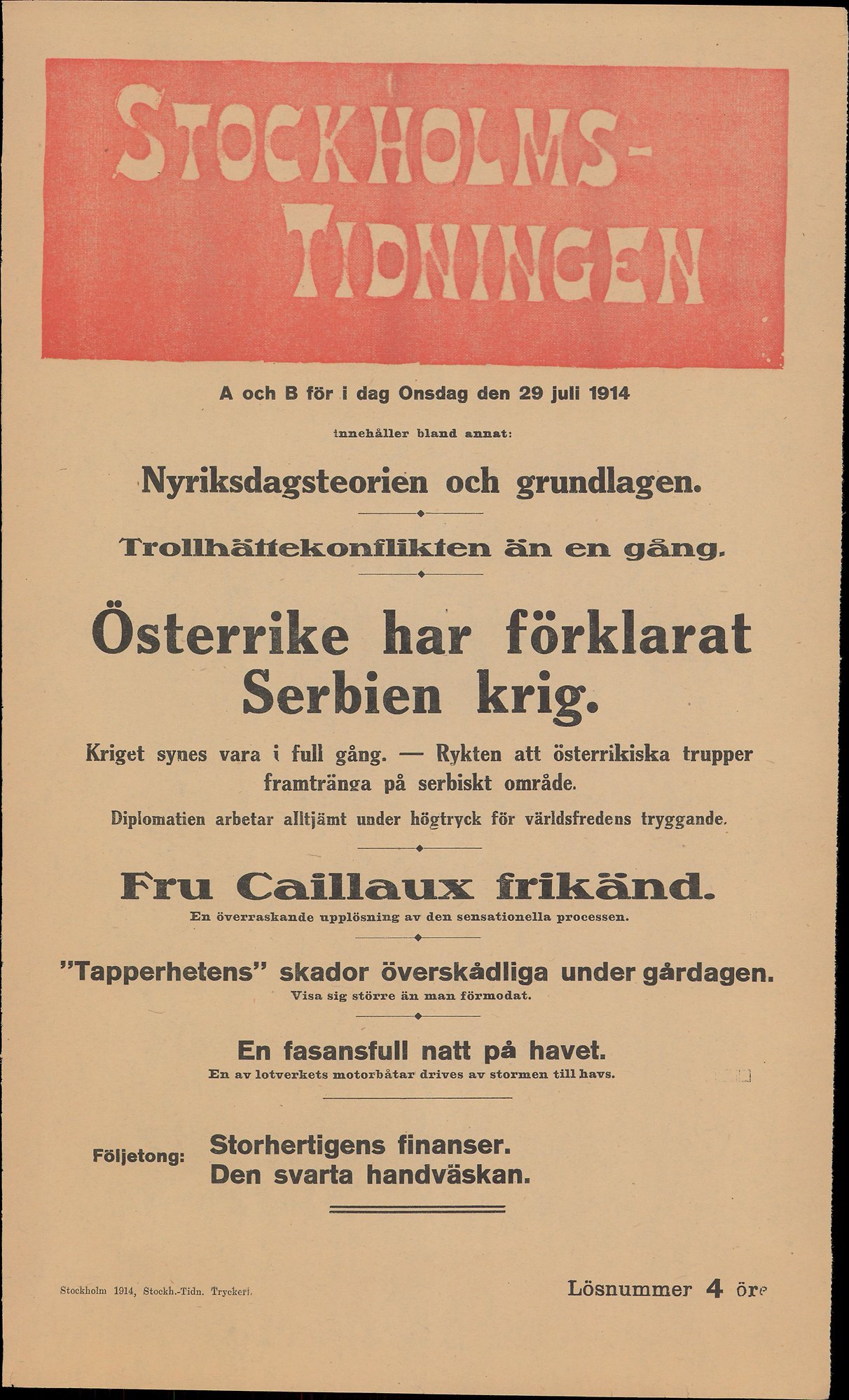 Stockholmstidningens löpsedel med texten: Österrike har förklarat Serbien krig. 