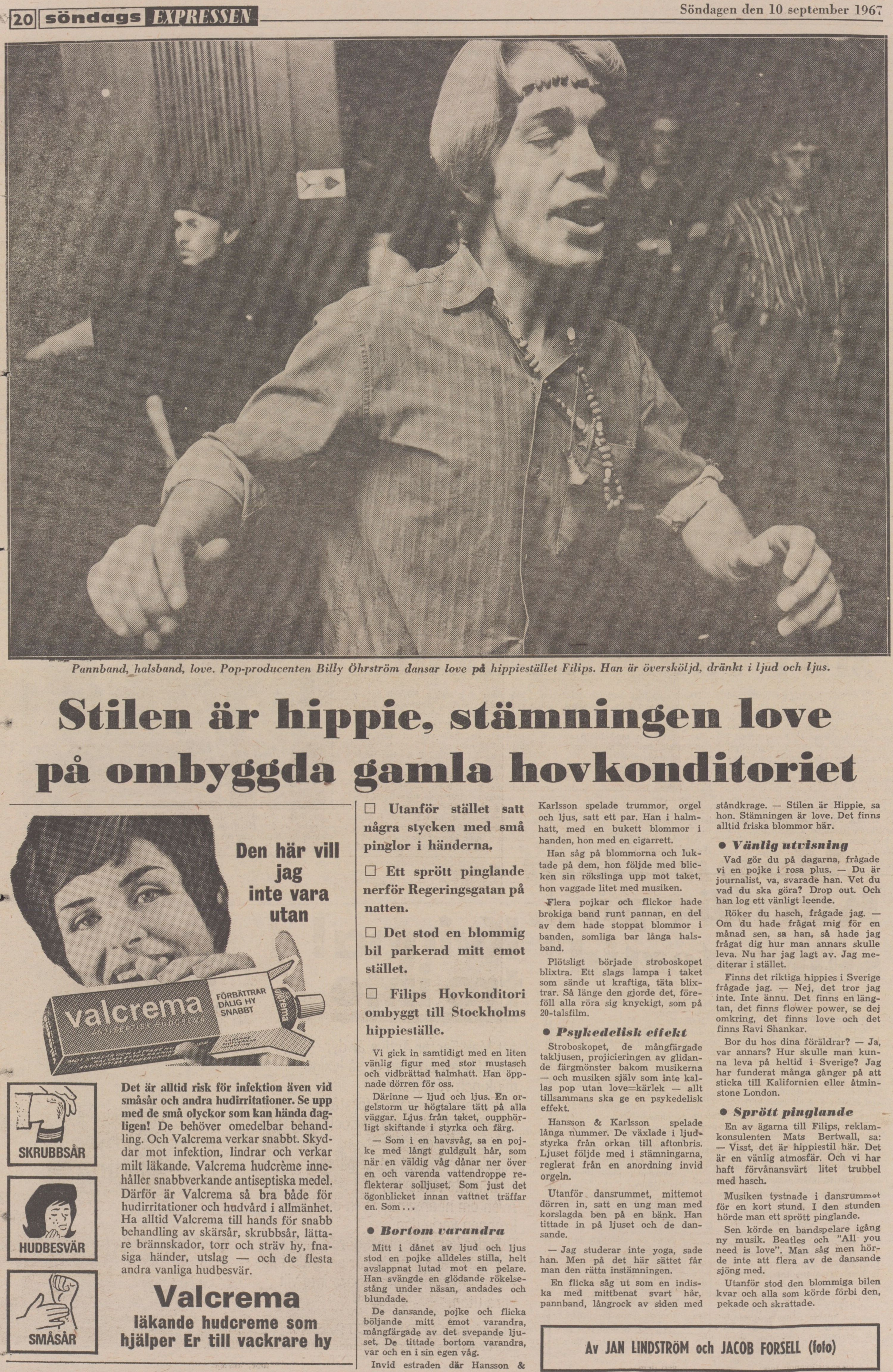 Tidningsklipp med dansande människor. Text: Stilen är hippie, stämningen love.