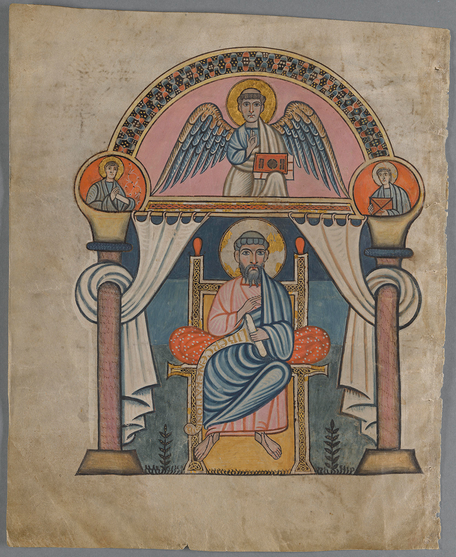 Evangelisten Matteus sitter i en stol mellan två pelare, ovanför står en ängel.