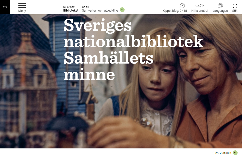 Startsidan av Kungliga bibliotekets webbplats. Här syns Tove Jansson tillsammans med ett barn. 