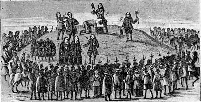 Illustration av avrättningsplats på kulle omgiven av åskådare och soldater, bödeln höjer sin yxa.