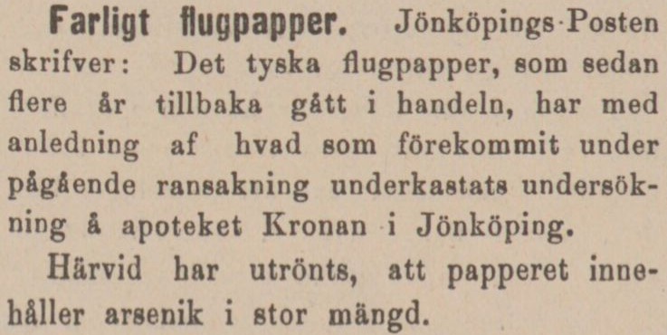 Gulnad tidningsnotis med texten: Farligt flugpapper.