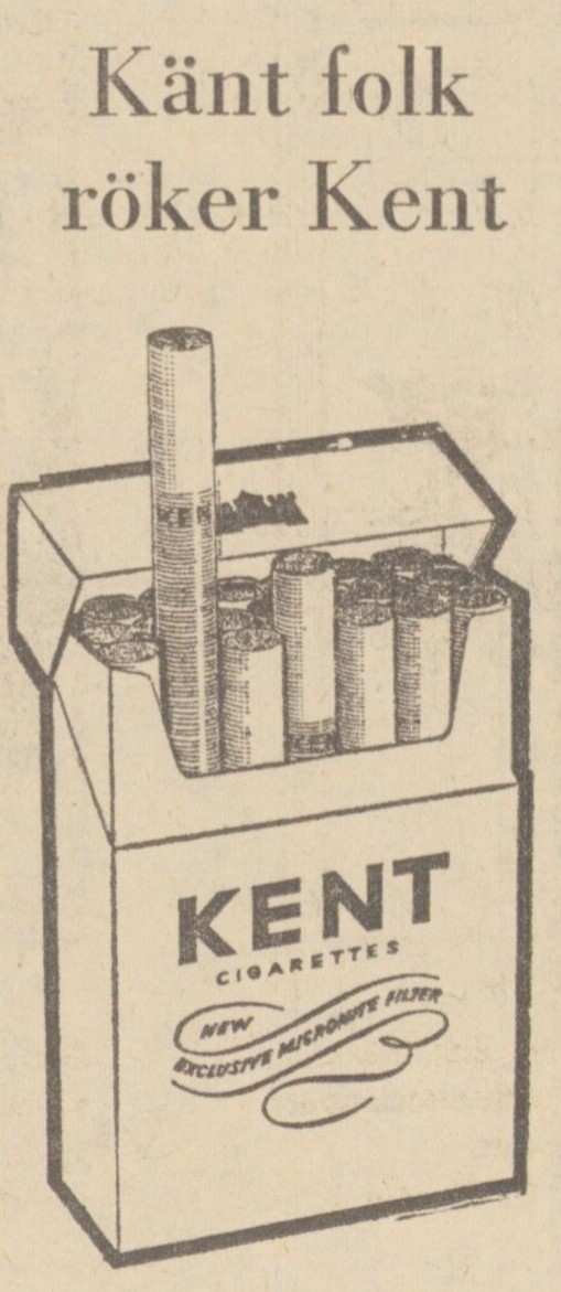 Gulnad tidningsreklam, bild på cigarettpaket med en cigarett som sticker upp. Text: Känt folk röker Kent.