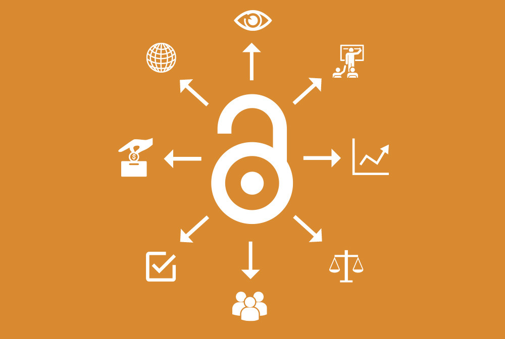 An open padlock on an orange background. The padlock is surrounded by arrows pointing to icons depicting education, scales and an eye.