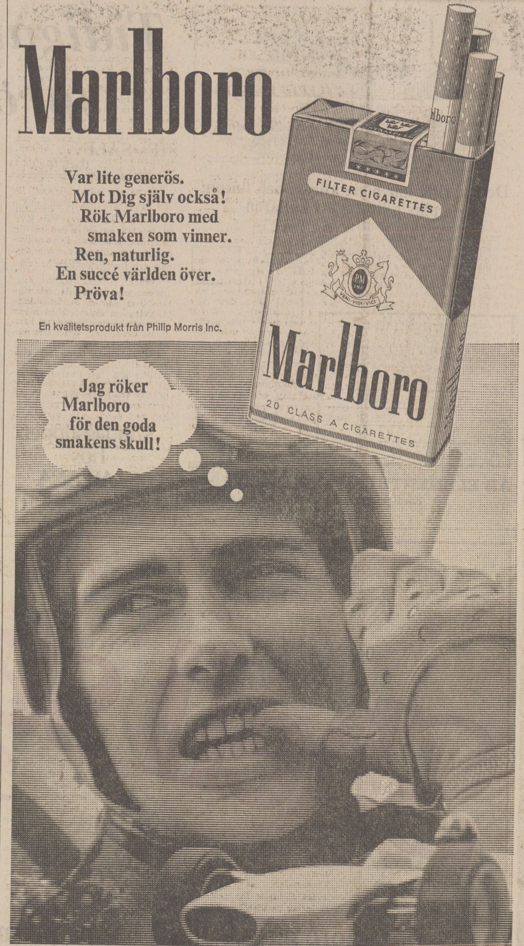 Tidningsreklam, racerförare med cigarett. Text: Jag röker Marlboro för den goda smakens skull.