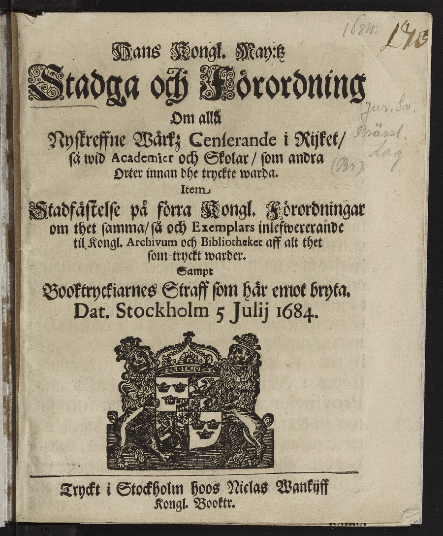 A text in old gothic letters and a Swedish coat of arms with lion and crown.