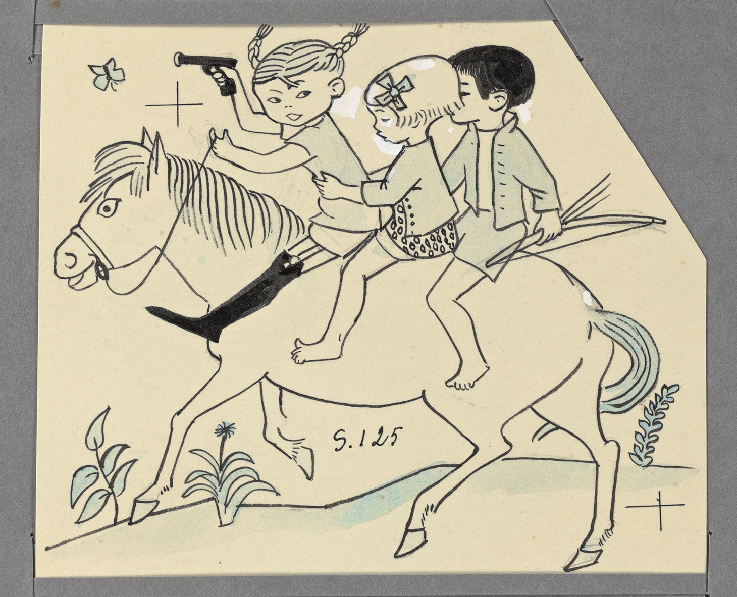 Illustration av tre barn som rider på en häst. Flickan längst fram håller en pistol.