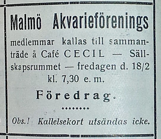 Akvariet, annons Malmö Akvarieförening. Foto: KB