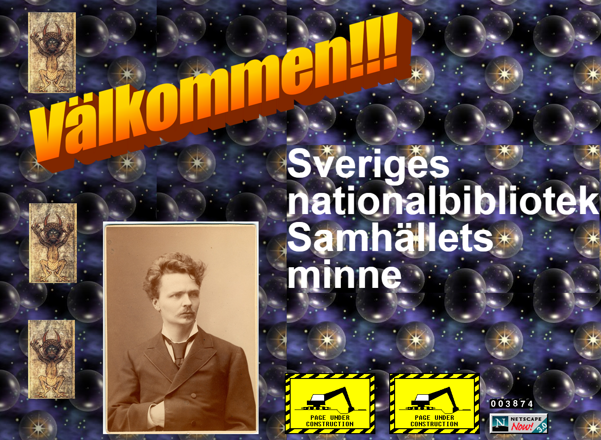 Kungliga bibliotekets webbsida i 1990-talsstil. Bakgrunden är blå, en orange text hälsar välkommen och det finns bilder av August Strindberg, en djävul och grävskopor.
