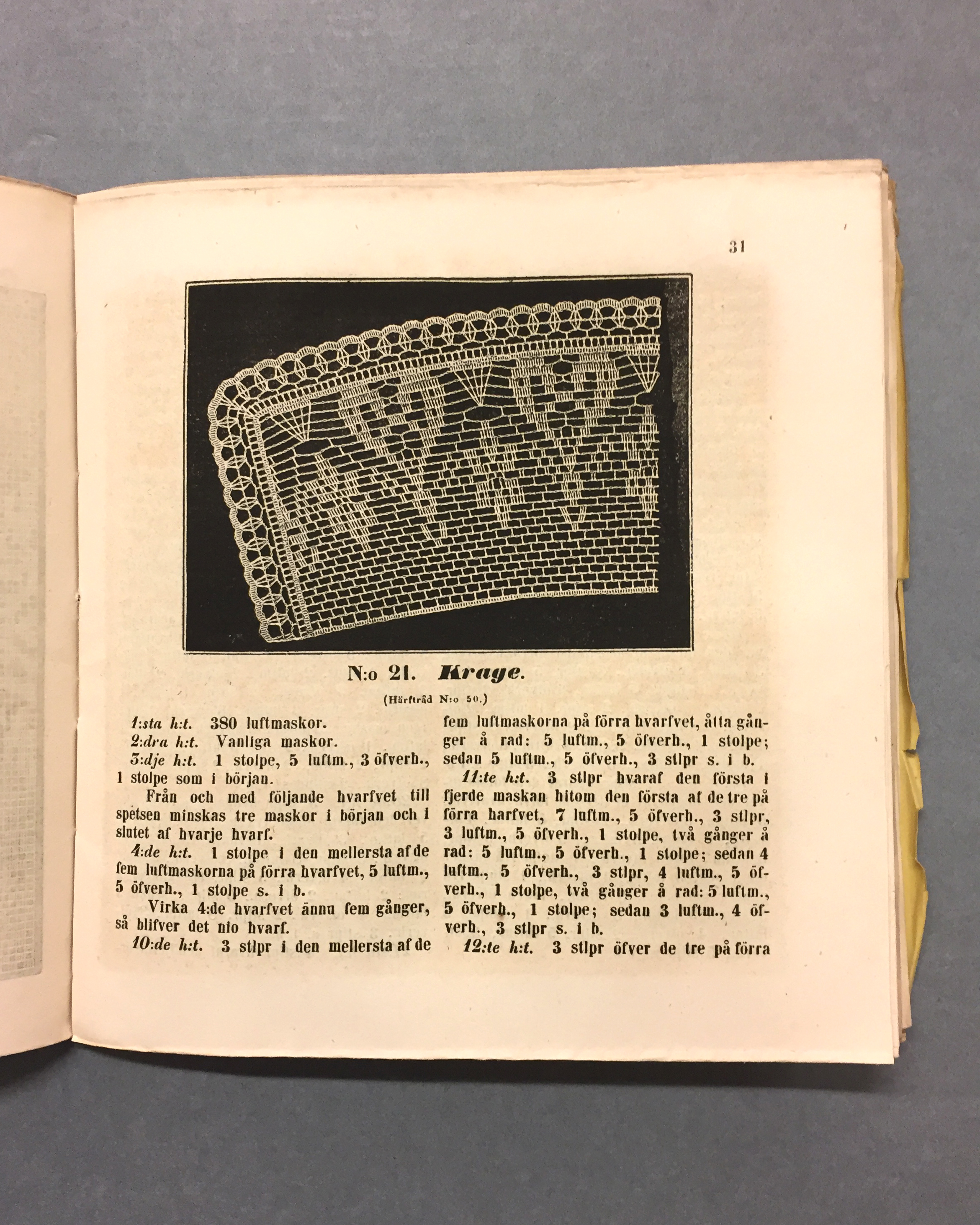 Den nyaste wirkboken, 1849, mönster till krage. Foto: KB