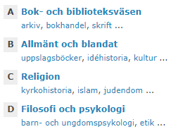 Exempel på ämnesområden som går att bläddra på i Libris. Bok- och biblioteksväsande, allmänt och blandat, religion och filosofi och psykologi.