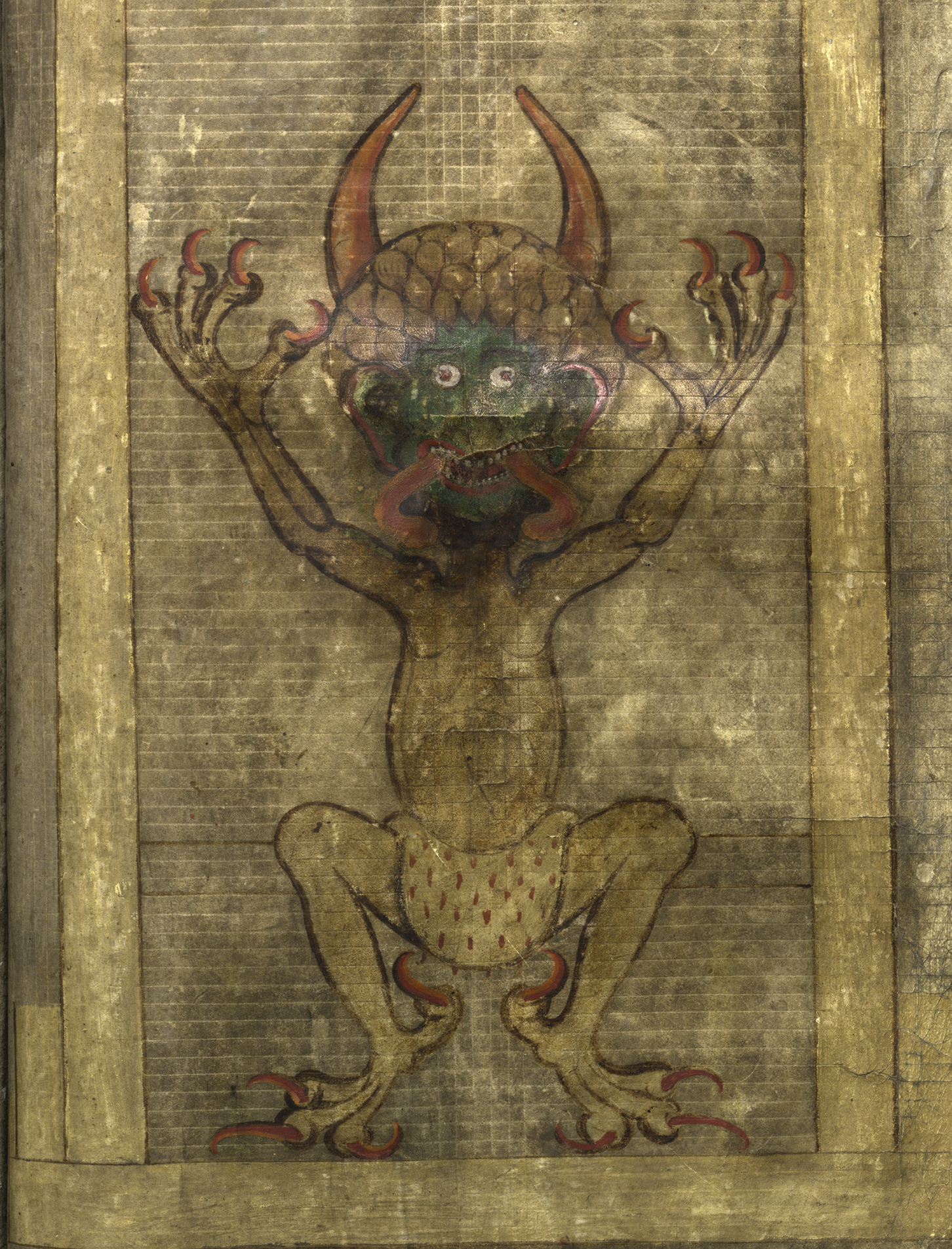Painting on a book page of a devil with red claws and an outstretched tongue.