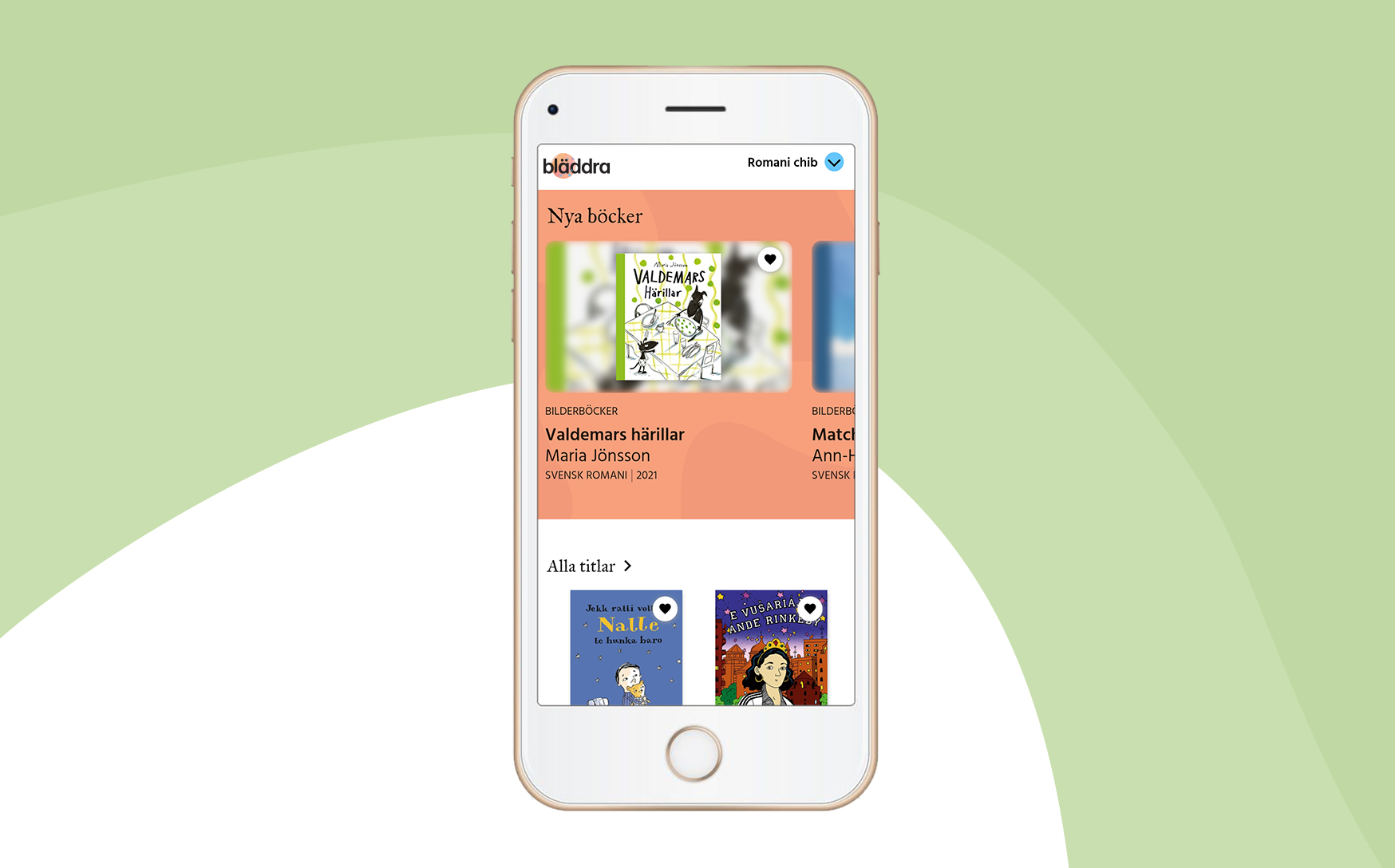En mobiltelefon mot en grönvit bakgrund. På skärmen syns appen Bläddra och böcker på samiska.