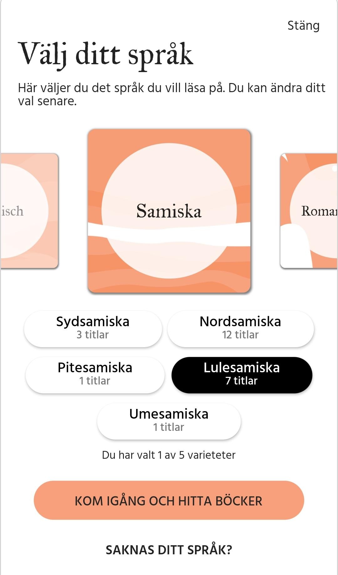 Mobilvy i appen Bläddra där det står namn på olika varieteter av samiska samt en knapp med texten står "Kom igång och hitta böcker".