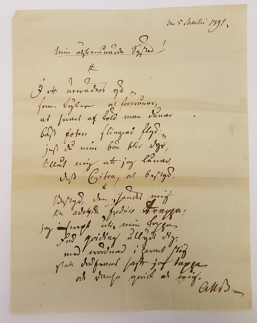 Handskriven text av Carl Michael Bellman dedikerad till Helena Quiding 1792