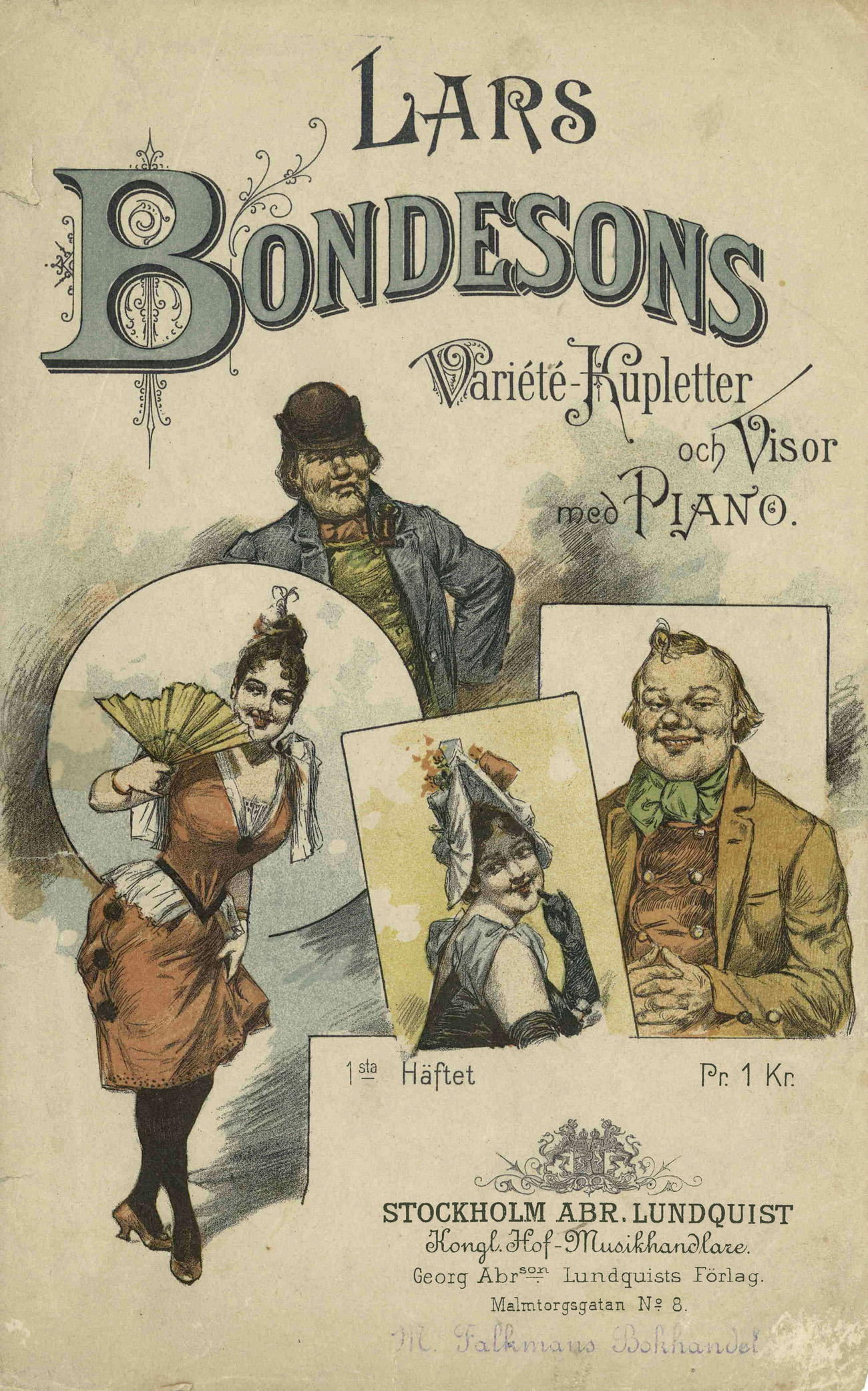 Tecknad omslagsbild med två kvinnor och två män i ålderdomliga kläder. Sånghäfte från 1891 med Lars Bondessons visor och kupletter