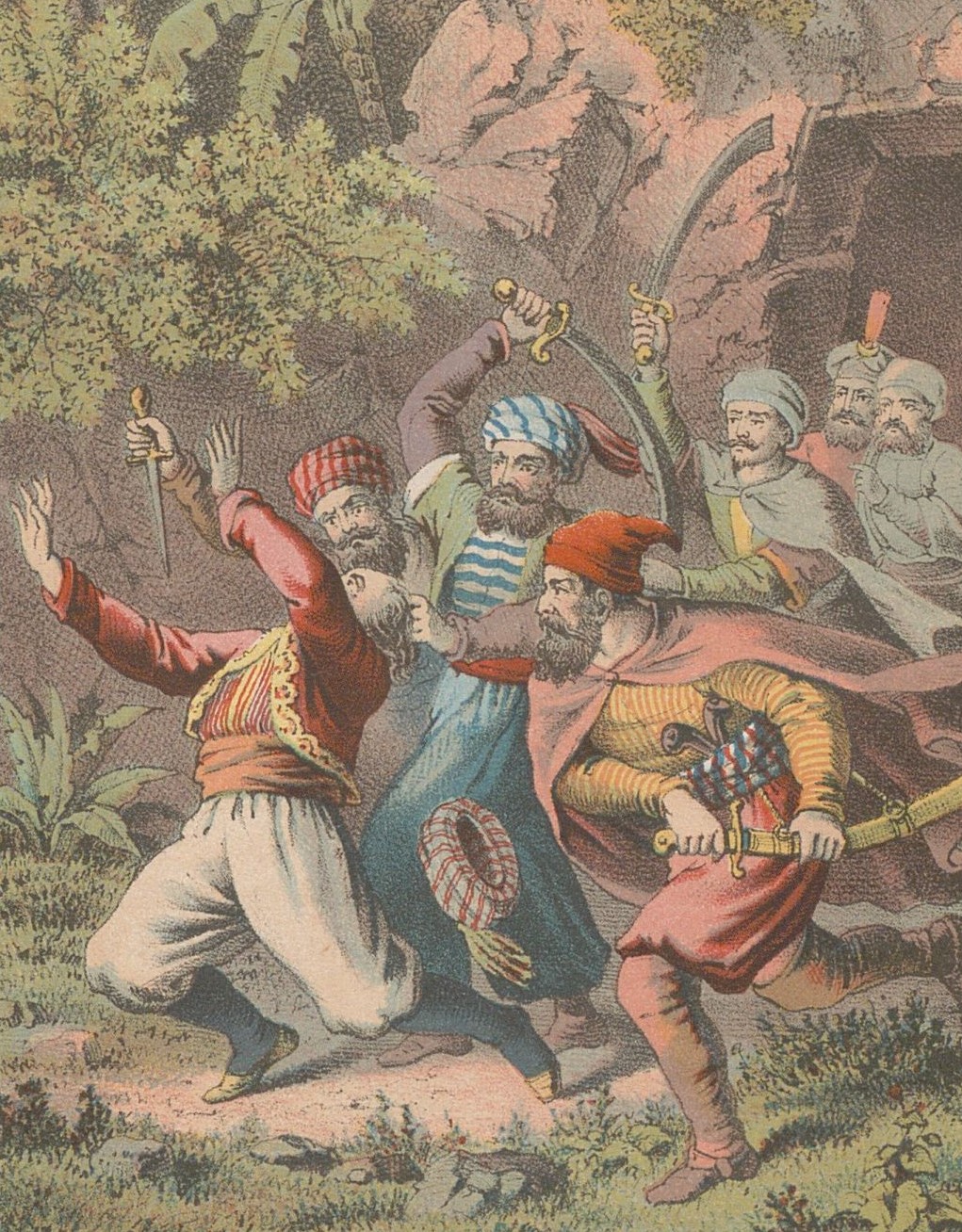 Sex rövare i färgglada kläder och kroksablar i händerna hinner upp Kassim utanför grottan.