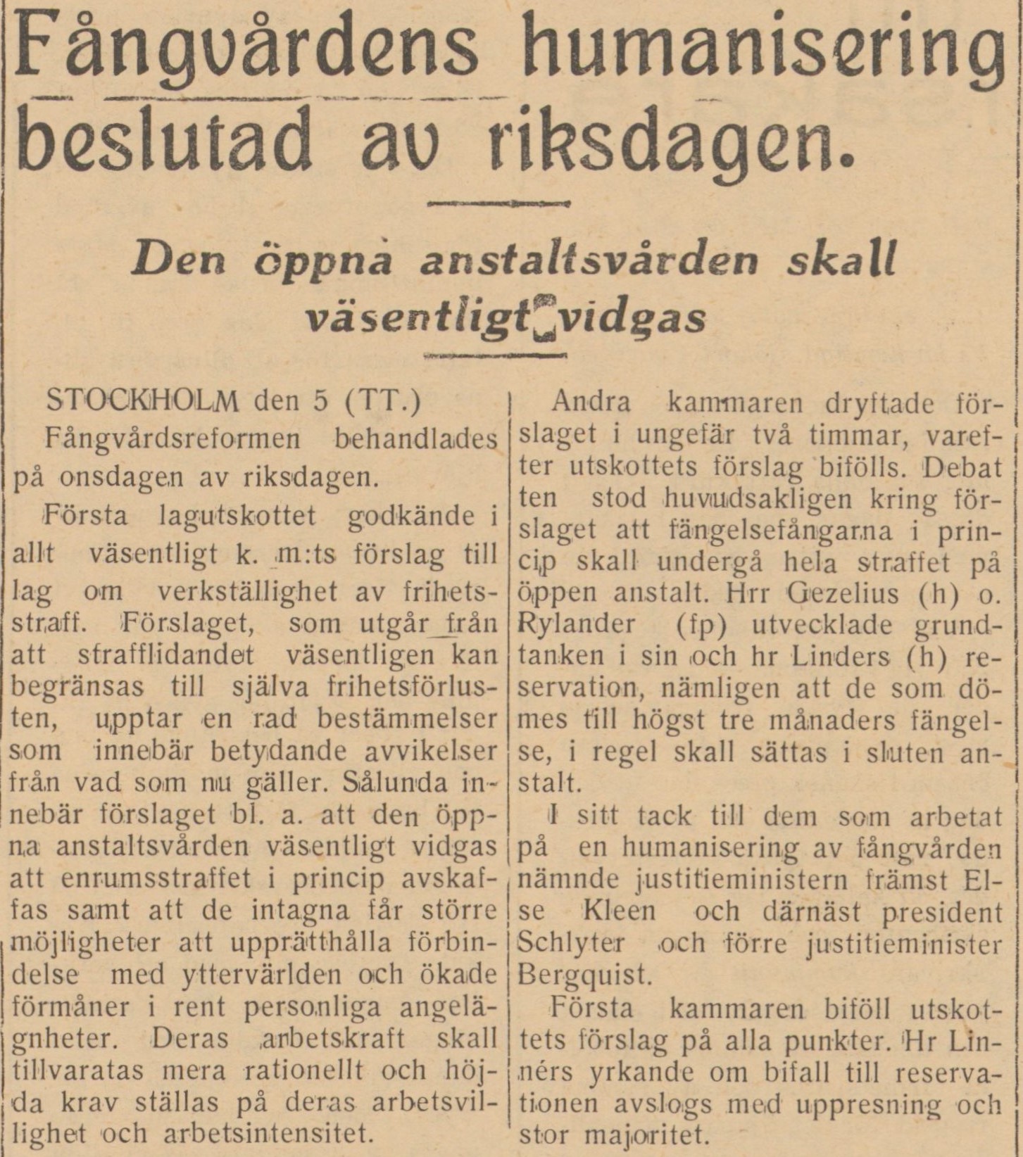 Notis i Trelleborgstidning 1945 om ändringen av straffverkställighetslagen. 