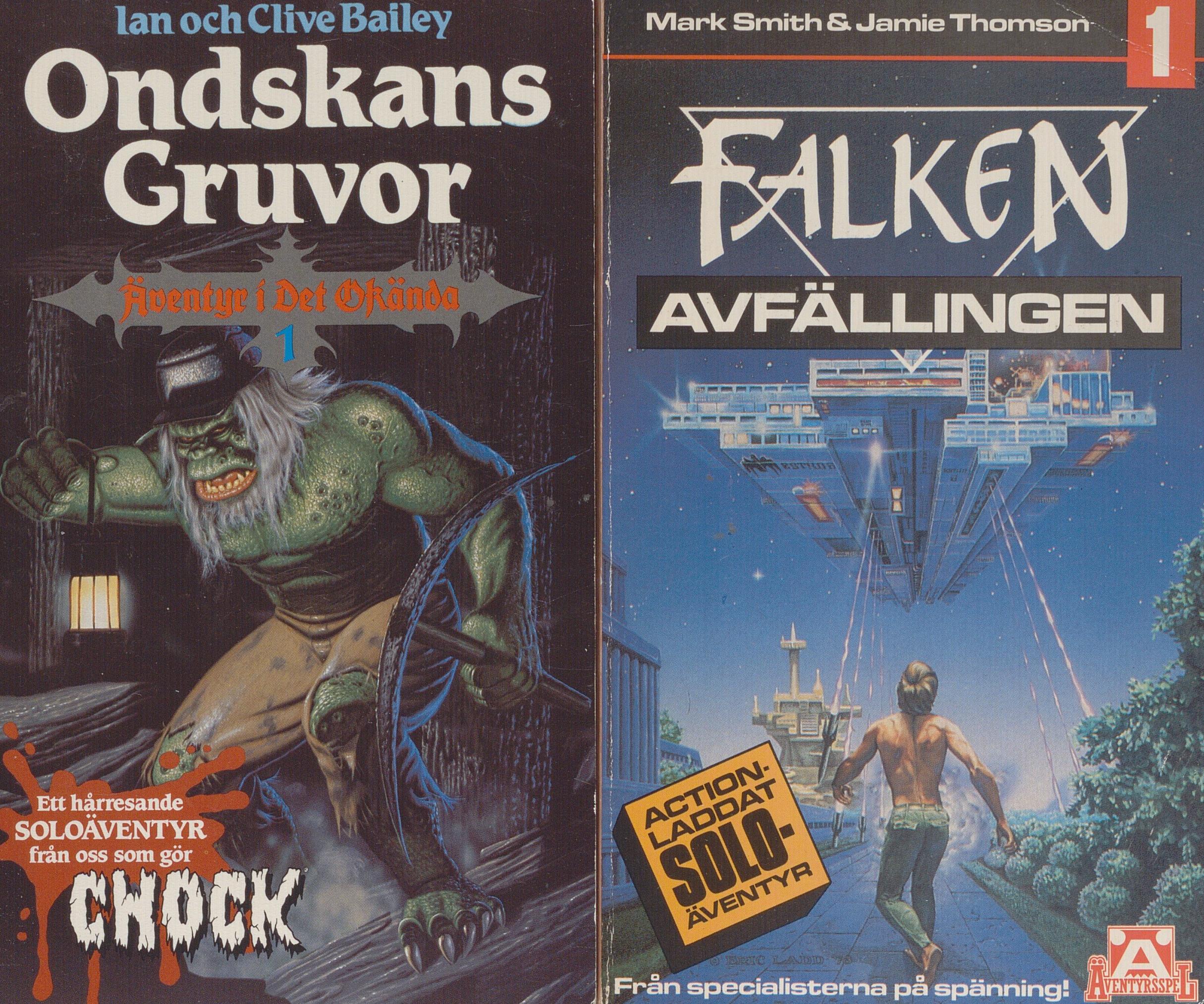 Vänstra omslaget visar grönt monster med lykta och hacka i gruva. Det högra ett rymdskepp som lyfter medan en barbröstad man springer efter och tittar upp.