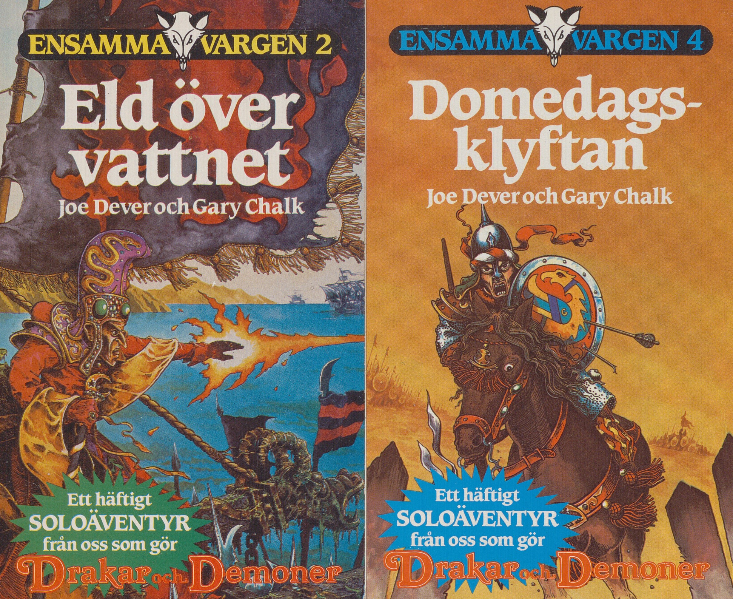 På vänster omslag en magiker på ett skepp som skjuter eld, på högra omslaget en krigare till häst med lans, spetsig hjälm och rund sköld med pilar i.