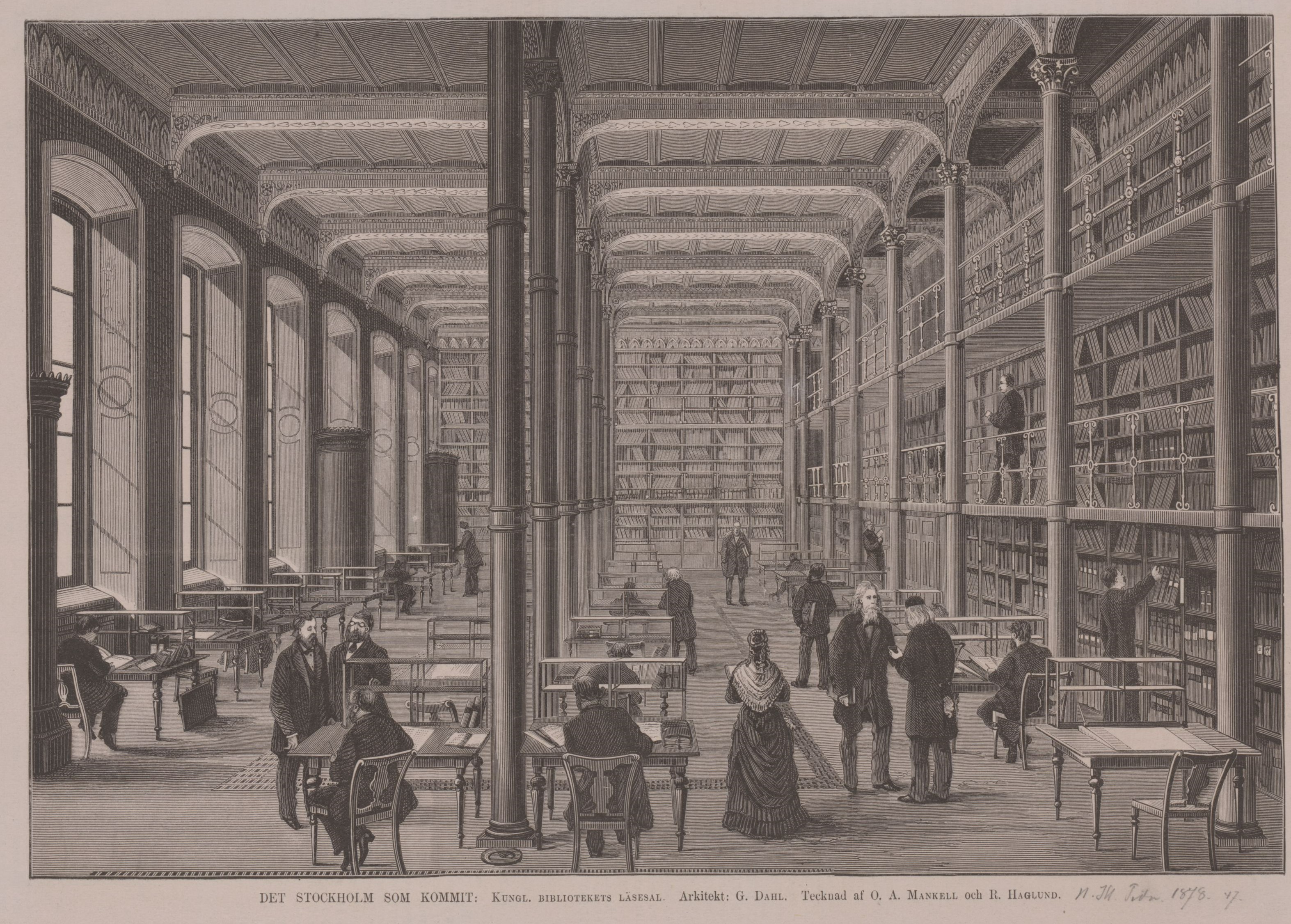 Svartvitt träsnitt föreställande en stor läsesal med höga pelare och fönster. Vid borden sitter människor och studerar, till höger i bilden står en långhårig man med långt skägg. 