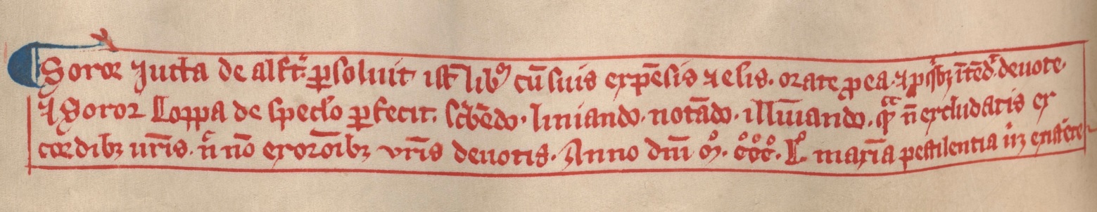 Handskriften text i rött från medeltida handskrift.