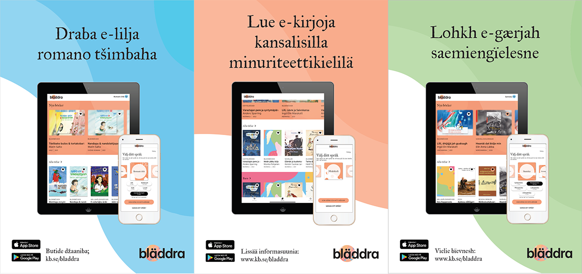Bildkollage av tre affischer med information om Bläddra – en blå, en rosa, en grön – och symboler från App store och Google Play.