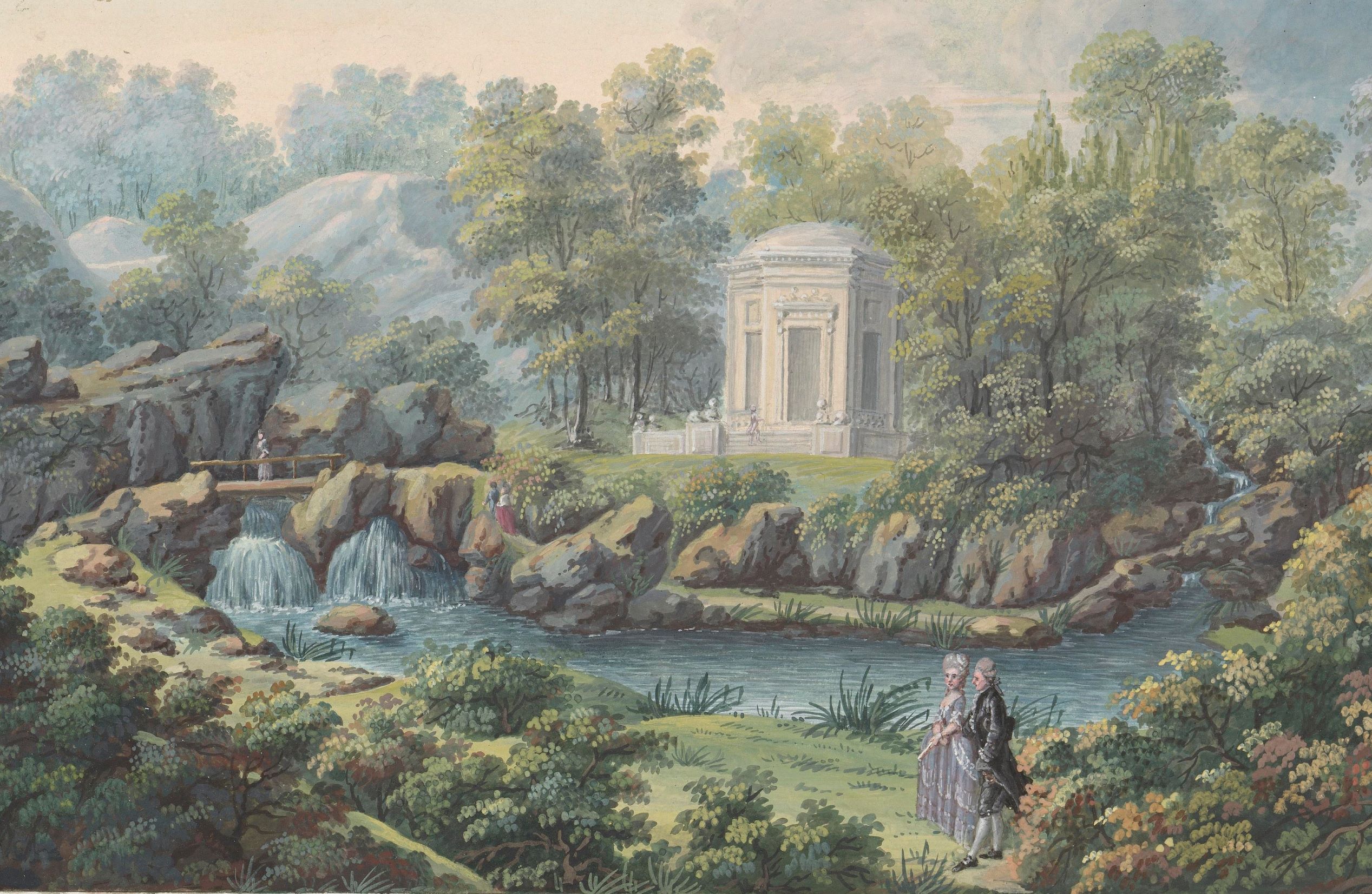 Målad bild som föreställer en park med ett litet vattenfall och en paviljong. I förgrunden promenerar ett par iförda 17000-talskläder och peruker.