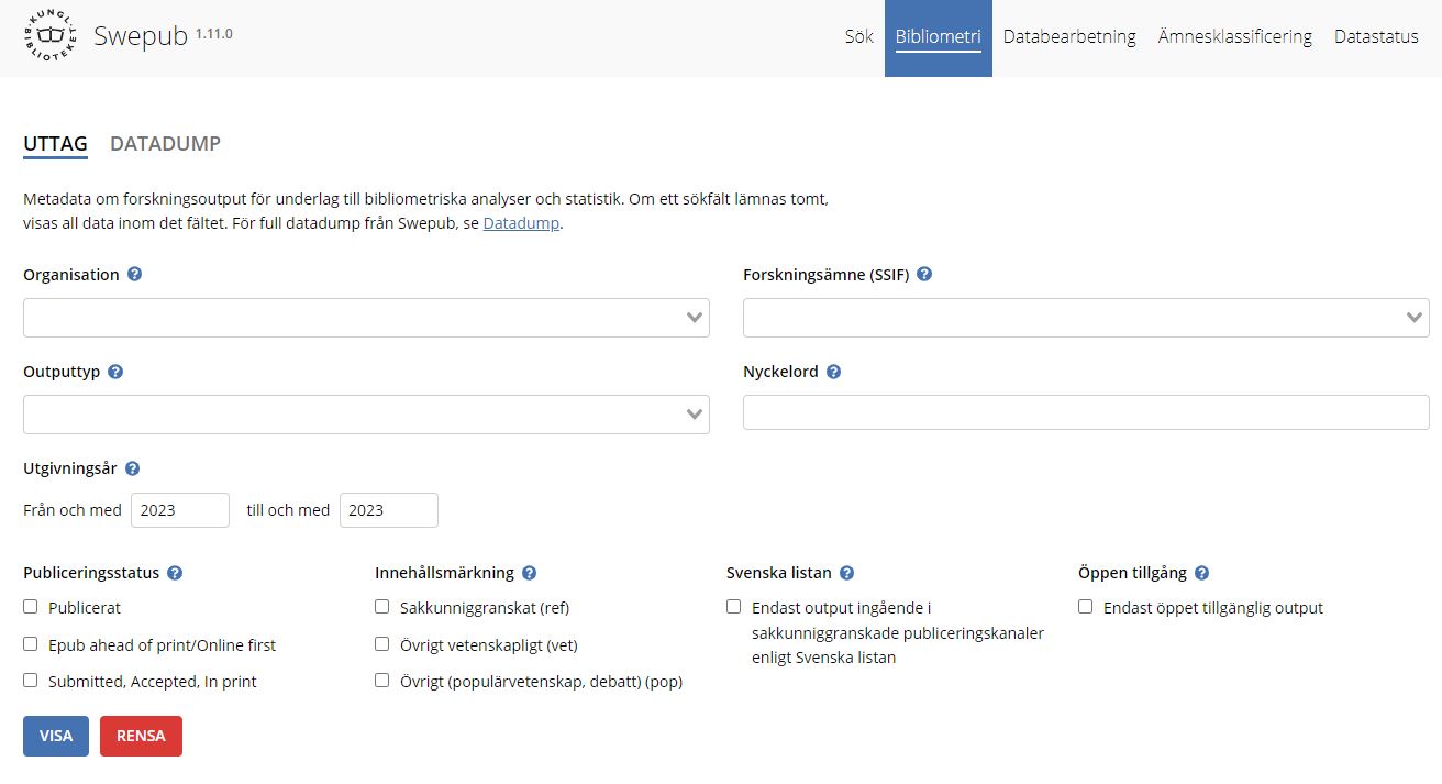 Skärmklipp på sökformuläret i Swepubs tjänst för Bibliometri. 