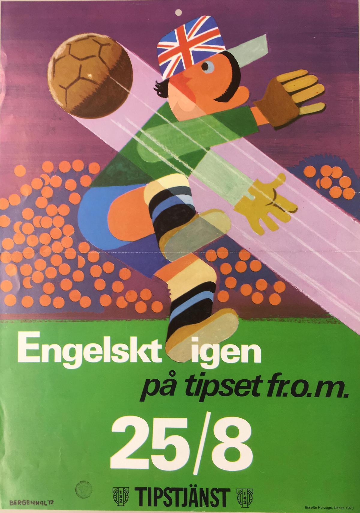 Tecknad fotbollsspelare iförd keps med mönster som brittiska flaggan. Text: Engelskt igen på tipset f.r.o.m. 25/8.