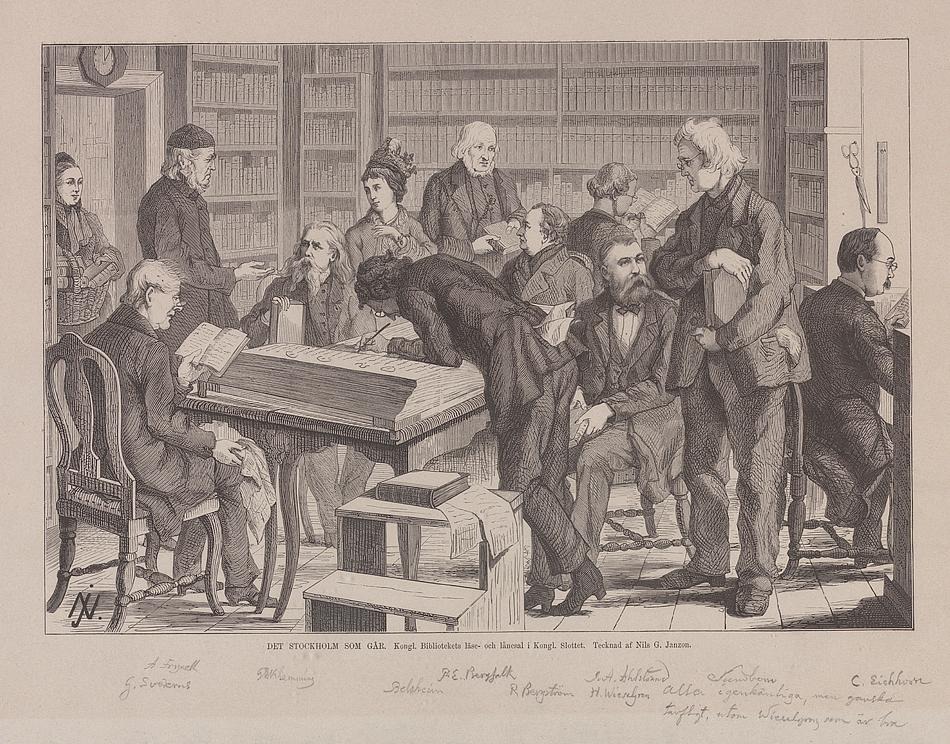 Illustration av ett sällskap med välklädda män och kvinnor som samtalar och läser i ett bibliotek.