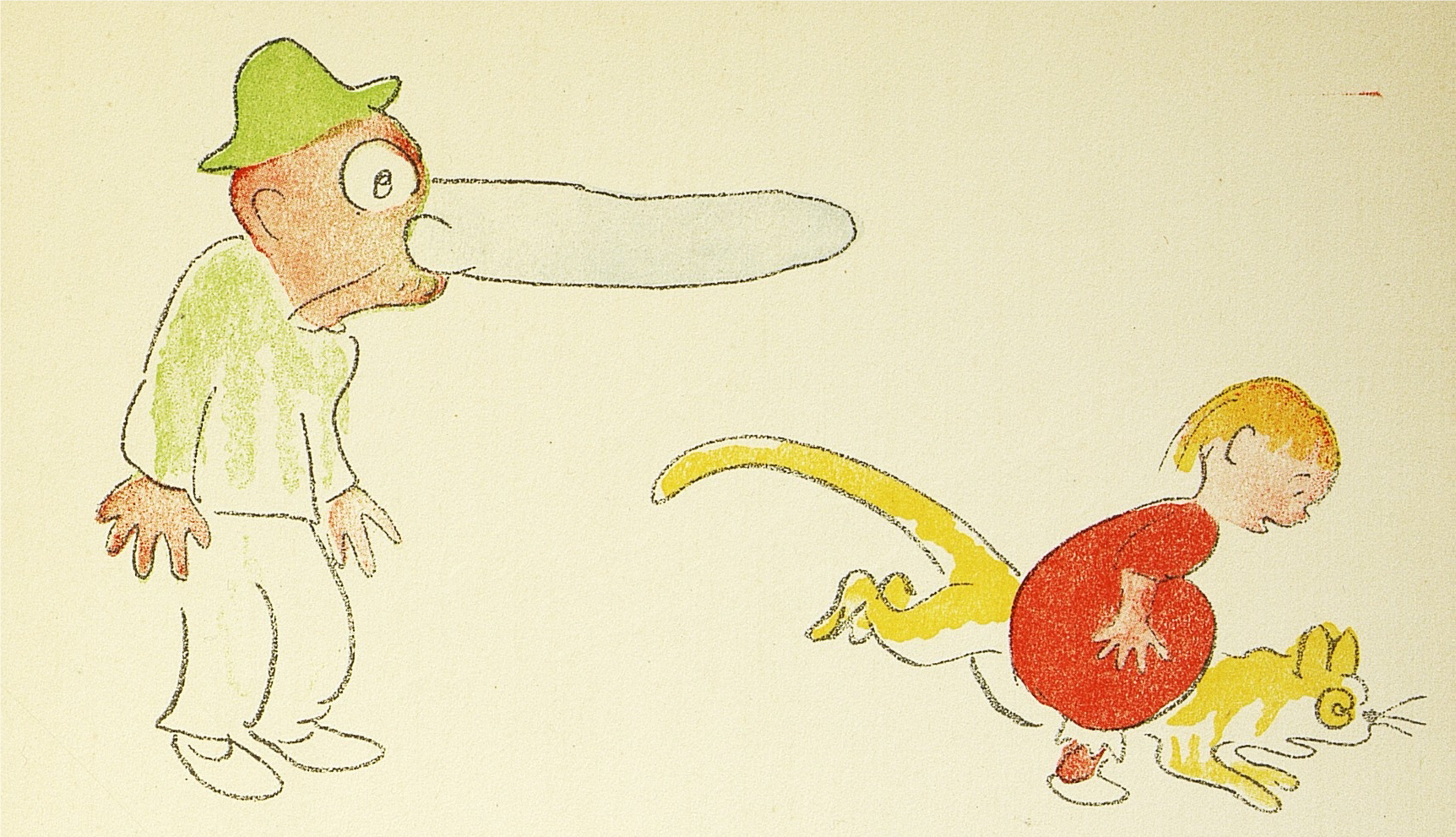 Teckning av gubbe med lång näsa och grön hatt och en flicka i röd klänning som rider på en katt.