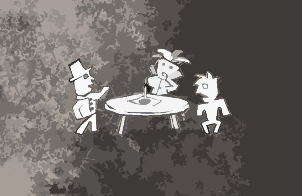 Tecknad bild i gråskala av tre personer runt ett bord.