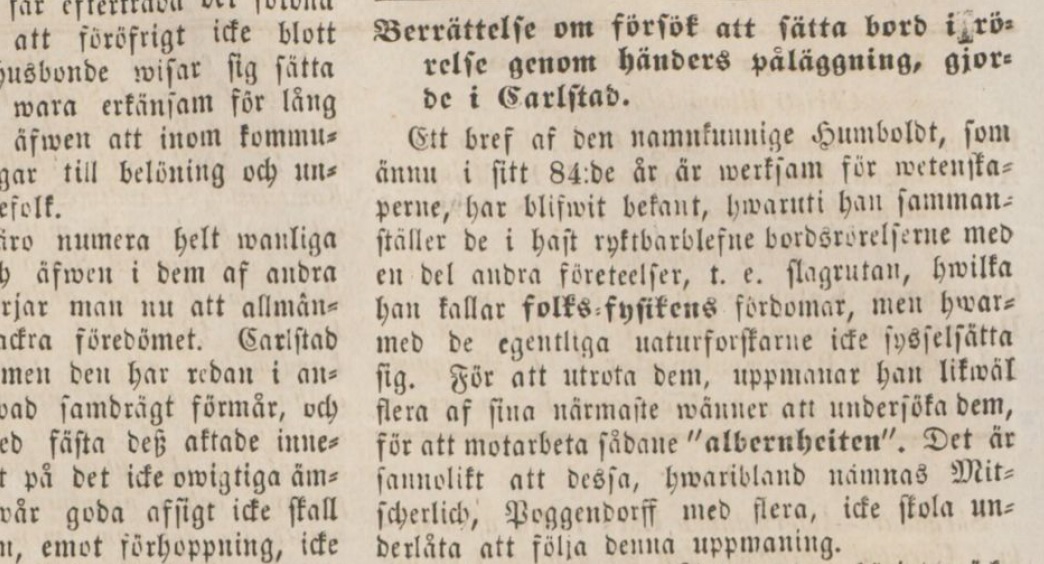 Notis om försök med dansande bord i Wermlandstidningen den 4 maj 1853.