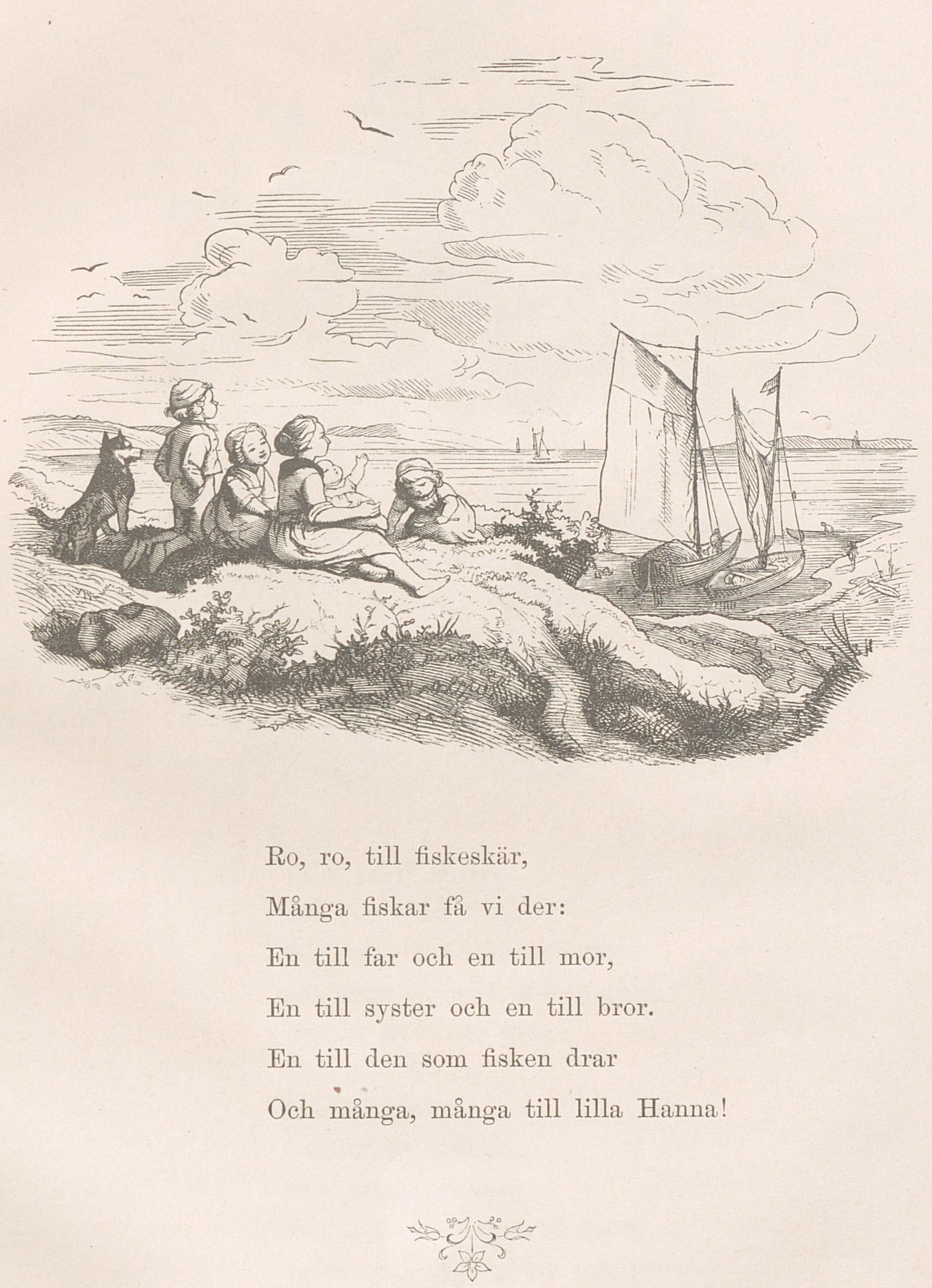 Illustration i svartvitt av 5 barn och en hund vid havet, de tittar ut mot vattnet och segelbåtarna nedanför. 