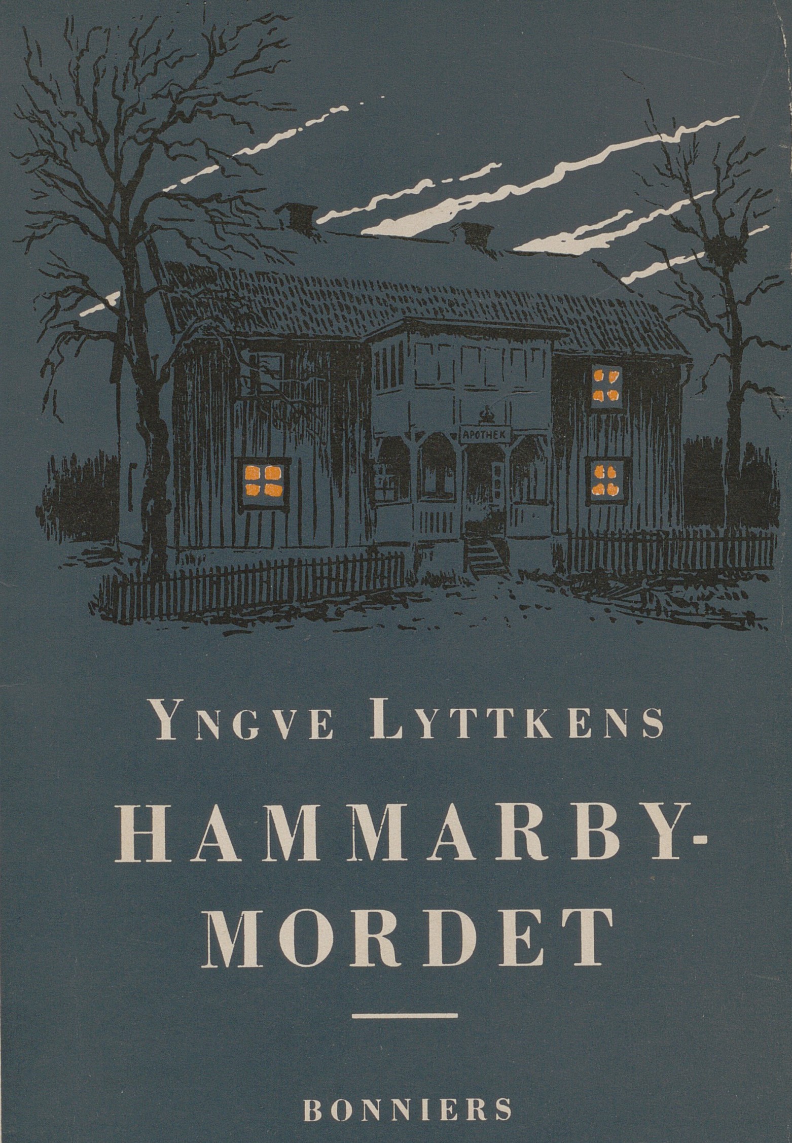 Bokomslag med hus i mörker, ur några fönster lyser det. Text: Hammarbymordet.