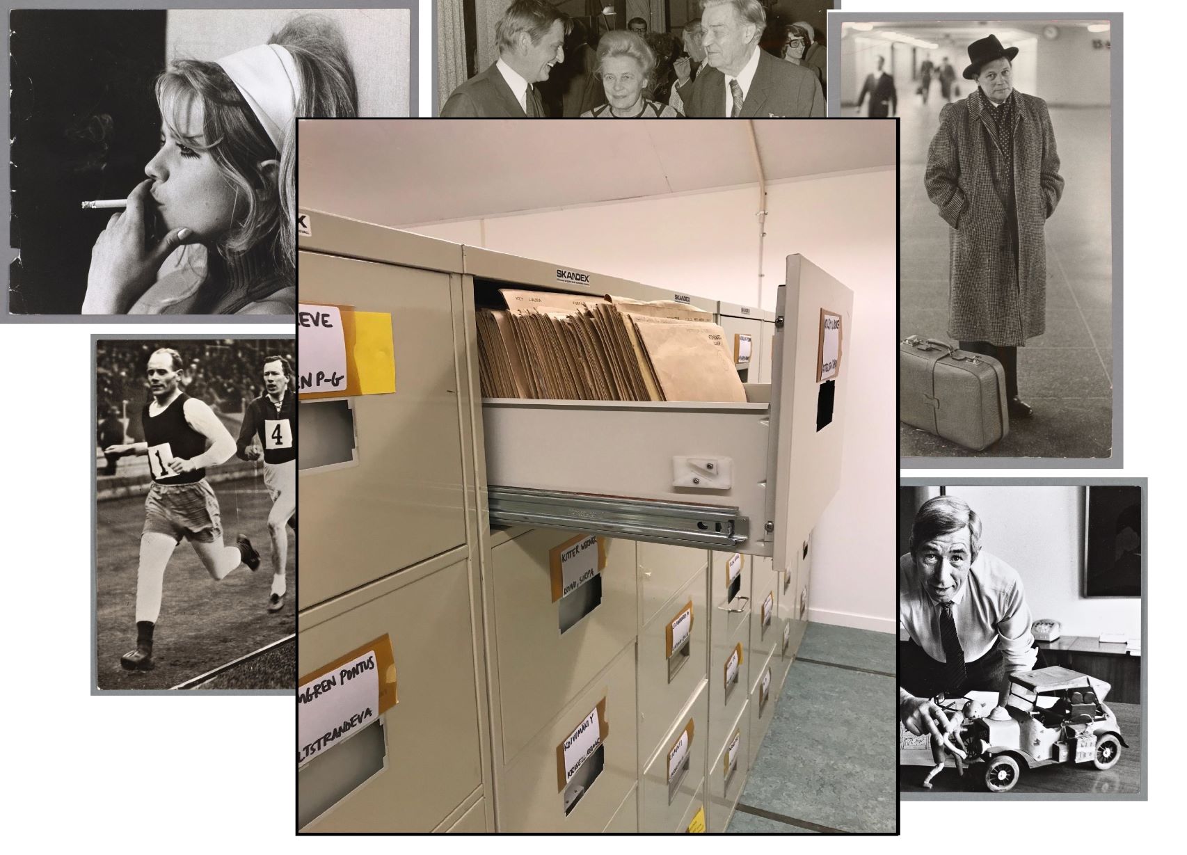 Ett bildcollage med ett arkivskåp i mitten, där en utdragen låda visar bruna kuvert vilka innehåller fotografier. Bakom syns fem exempel på fotografier ur samlingen.