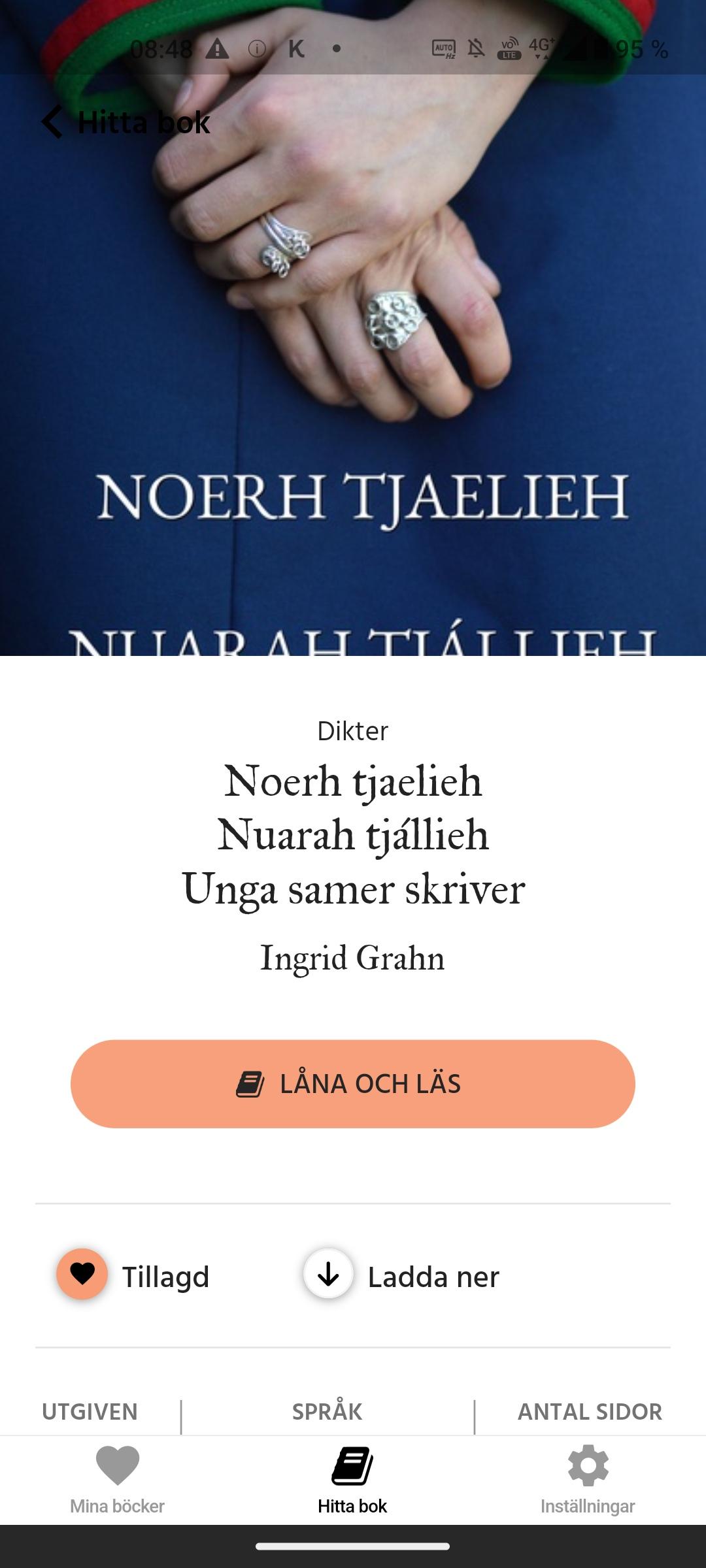 En vy från appen Bläddra med ett bokomslag och en knapp där det står "Låna och läs".