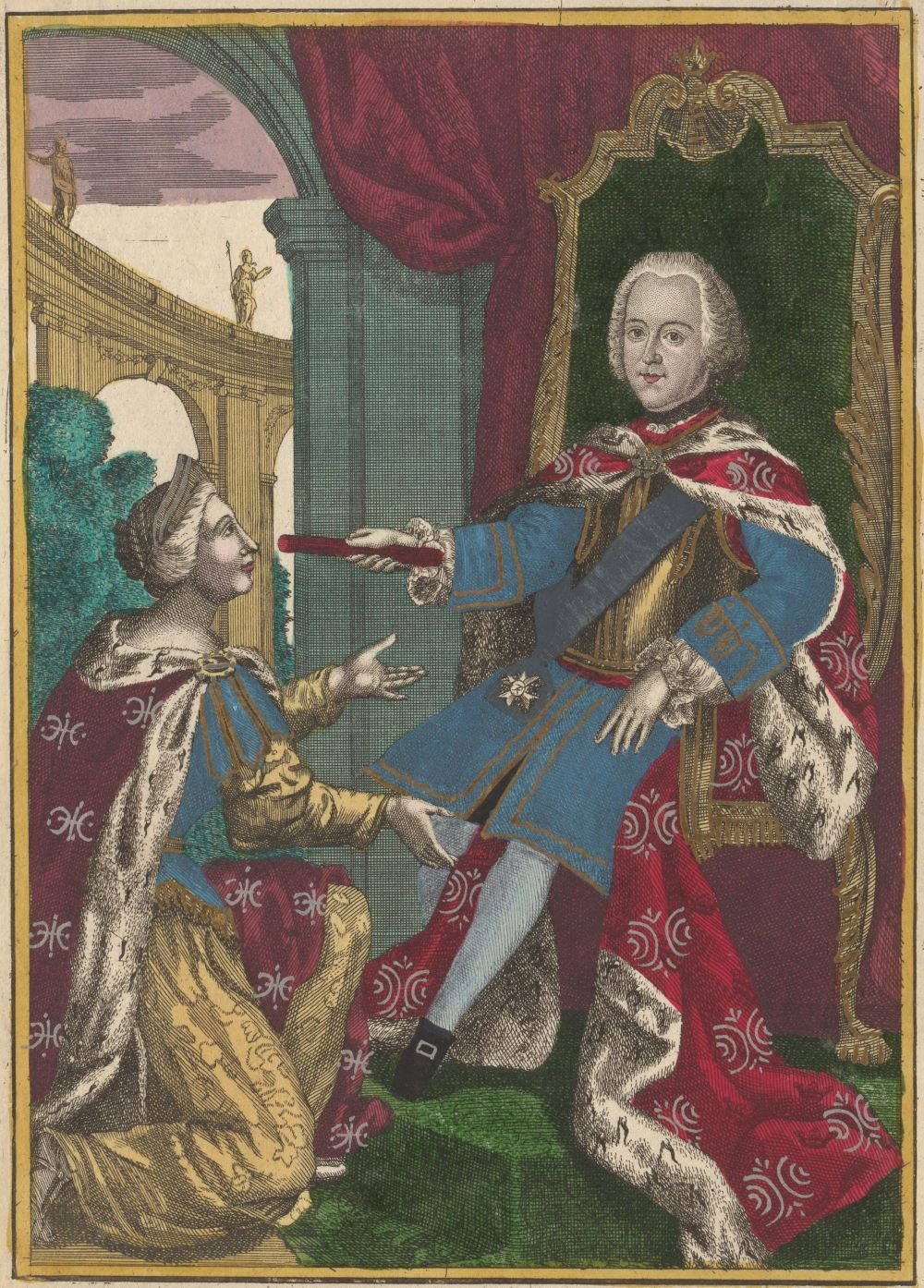 Färglagd gravyr föreställande en man i prakfulla kläder och vit peruk som sitter på en tron, på knä framför honom står Moder Svea med upplyfta händer. 