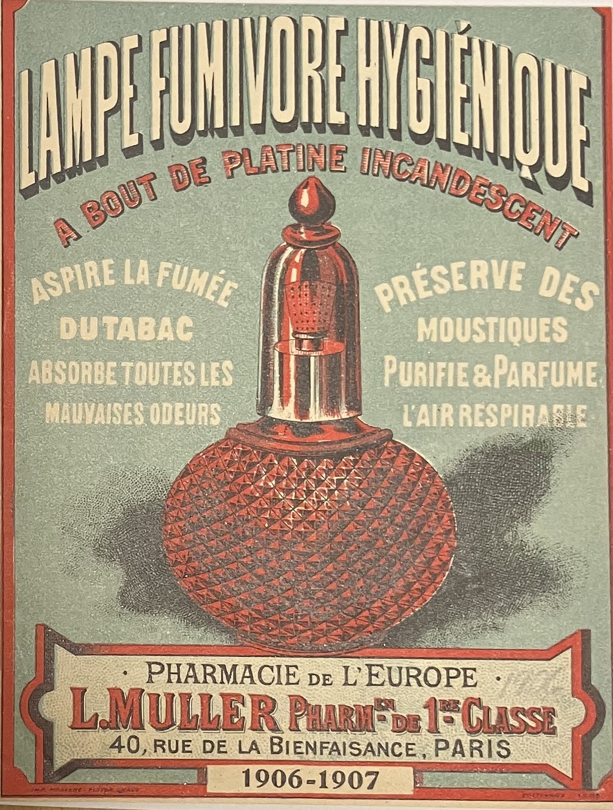 Reklam för en fransk doftspridare, som avger dofter samt absorberar tobaksrök och andra illaluktande dofter.