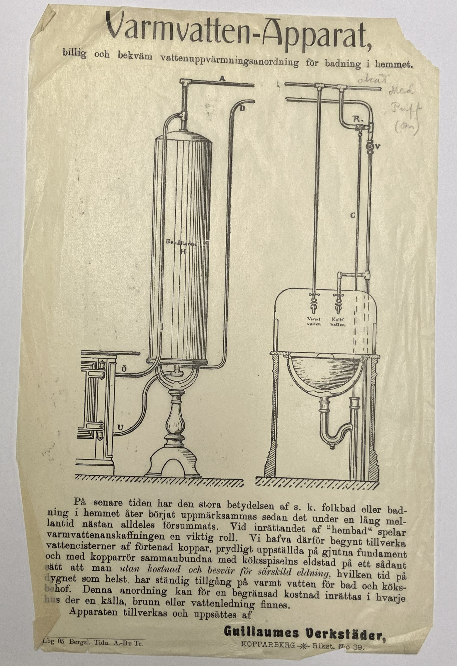 En bild på en varmvattenberedare från 1900-talets första decennium.