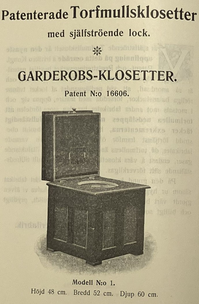 Bild på en torvmullsklosett från Gropens snickeri-fabrik 1905