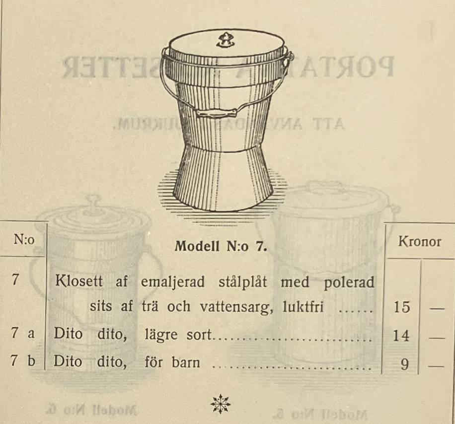 En bild på en enklare klosett i stålplåt med lock från Gropens snickeri-fabrik 1905