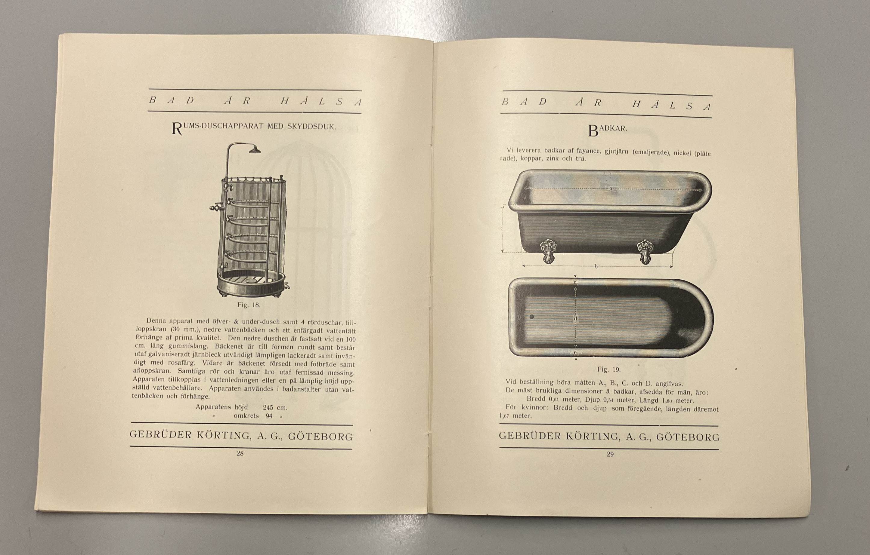 Badkar och dusch i en katalog från Gebrüder Körting, A.G., Göteborg, 1904