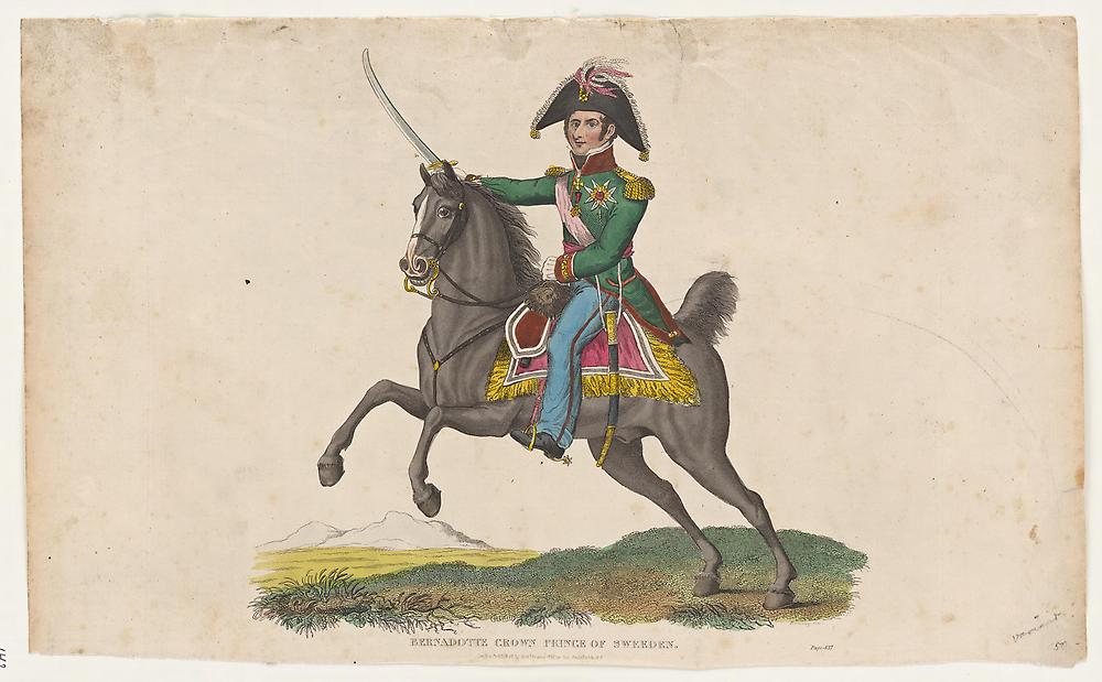 Carl XIV Johan som kronprins, sittande på en stegrad häst med höjd värja i ena handen.