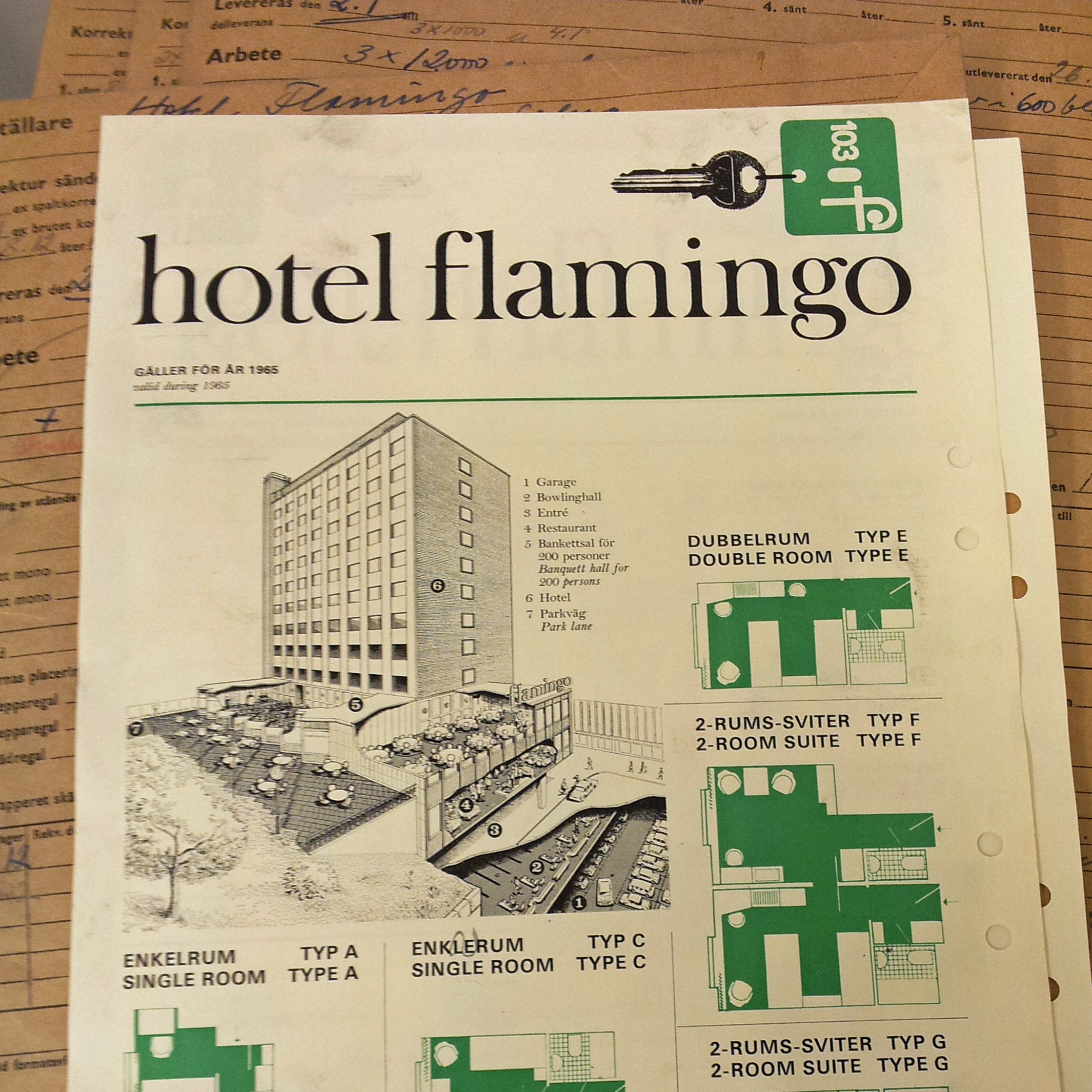 Ett reklamblad från Hotel Flamingo i Solna ligger ovanpå ett kuvert. På bladet presenteras olika rumstyper.