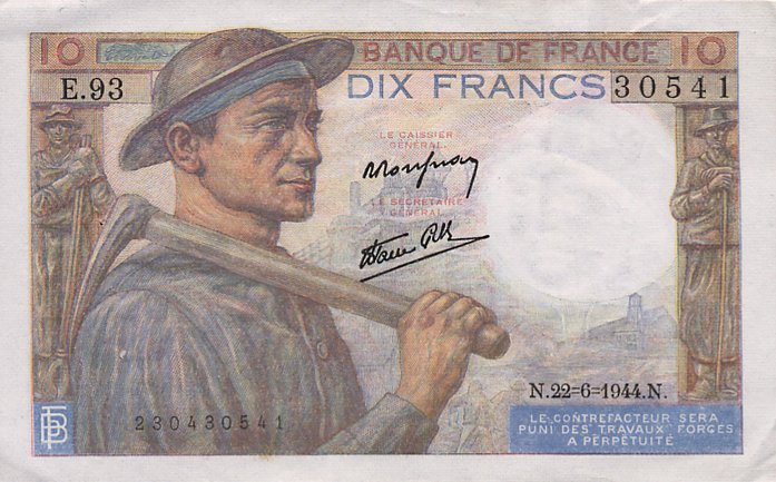 En fransk sedel för tio franc. Bild av en man i hatt med en hacka.