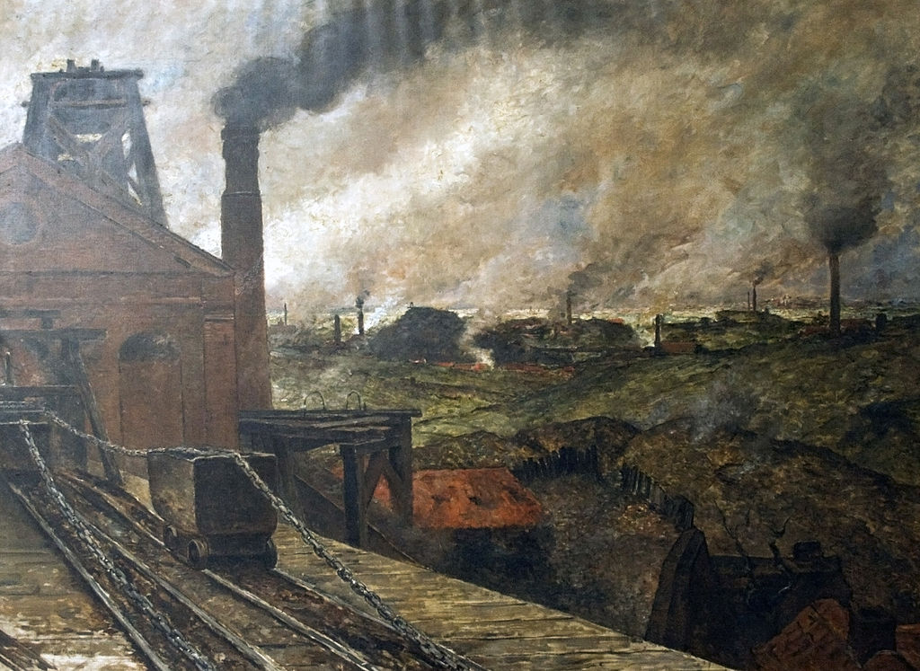 Målning av en vagn på en äldre järnväg. Rök kommer från skorstenar i olika industrier i närheten.